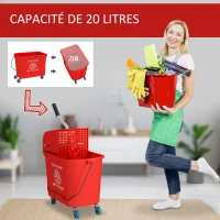 HOMCOM Chariot de nettoyage lavage seau de ménage 20 L avec essoreur et séparateur eau sale propre rouge 60L x 27l x 70,5H cm(m-4)