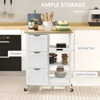 HOMCOM Rolling Kitchen Island Cart, Bar Serving Cart, Compact Trolley on Wheels with Wood Top, Shelves & Drawers for Home Dining Area, White(m-4)