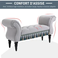 HOMCOM Banc Banquette capitonnée Velours Bout de lit avec accoudoirs Pieds Bois hévéa Gris 40P x 117l x 58H cm(m-5)