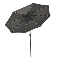 Outsunny Φ2.7m Garden 24 LED Light Parasol Solar Outdoor Tilt Sun Umbrella Patio Club Party Event Manual Sun Shade w/ Hand Crank and 8 Ribs, Grey(m-1)