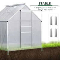 Outsunny Serre de Jardin en Polycarbonate 3,6 m² dim. 1,9L x 1,9l x 2H m avec Fondation, Lucarne réglable, Porte coulissante - Argent et Transparent(m-6)