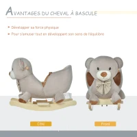 HOMCOM Cheval à Bascule Jouet à Bascule Ourson pour Enfants de 18-36 Mois Fauteuil intégré Ceinture de sécurité Fonction sonore grognement Gris Marron(m-5)