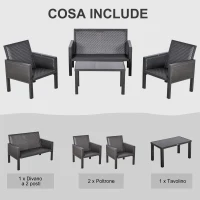 Outsunny Salotto da Giardino con Divano da Esterno e Tavolino, Mobili da Giardino in Rattan Sintetico, Set 4 Pz, Grigio(m-4)
