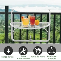 Outsunny Tavolino da Ringhiera Pieghevole con 3 Altezze Regolabili in Metallo, 60x45x50cm, Bianco(m-7)