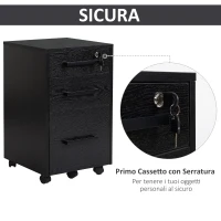 HOMCOM Cassettiera Portadocumenti da Ufficio Schedario con 3 Cassetti e Serratura, in Legno, Nero, 39.2 x 40 x 65.4cm(m-6)