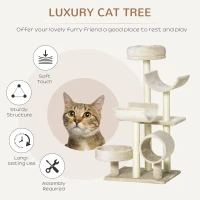 PawHut Cat Tree for Indoor Cats Kitten Pet Scratching Post Perch Activity Center Scratcher Climb Post Play House Arch with Tunnel 105cm Tall Beige(m-4)