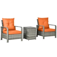 Outsunny 3 Pieces Rattan Bistro Set, Wicker Garden Furniture Set with Storage Coffee Table and Chairs, Thickened Cushions for Outdoor, Patio, Balcony, Orange(m-11)