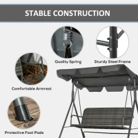Outsunny 3-Seater Outdoor PE Rattan Swing Chair, Patio Wicker Hanging Swing Bench with Steel Frame Stand & Adjustable Canopy, Grey(m-7)