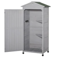 Outsunny Wooden Garden Shed, Outdoor Storage Cabinet with 2 Shelves and Hooks, Locking Organiser Outdoor Narrow Tool House, 74x55x155cm, Grey(m-10)