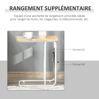 HOMCOM Table Basse Table d'appoint guéridon Bout de canapé 2 Pochettes de Rangement Tissu Gris châssis métal Blanc Plateau Aspect Bois Clair(m-6)