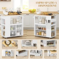 HOMCOM Carrello Isola da Cucina con Ripiani Regolabili, Portacoltelli e Piano in Legno, 86.5x47x88 cm, Bianco(m-4)