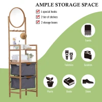 HOMCOM Meuble colonne rangement salle de bain bambou design naturel 41L x 33l x 166H cm 2 étagères, 2 paniers, 4 patères + miroir(m-6)
