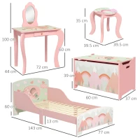 ZONEKIZ Kids Bedroom Furniture Set Includes Bed Frame, Toy Chest, Dressing Table for Ages 3-6 Years, Pink(m-3)