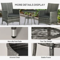 Outsunny 3 Pieces Rattan Bistro Set, Wicker Garden Furniture Set with 2-Tier Coffee Table and Chairs, Washable Cushions, for Outdoor Patio Balcony, Mixed Grey(m-5)