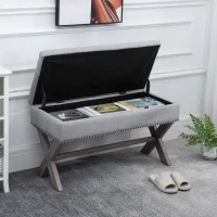 HOMCOM Elegant Storage Stool Ottoman Bentwood Frame Sponge Top w/ Metal Studding Foot Rest  Home Hallway Entryway Furniture Unit - Grey(m-5)