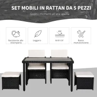 Outsunny Set Mobili da Giardino in Rattan 5 Pezzi Tavolo 2 Sedie 2 Poggiapiedi con Cuscini Combinabili a Rettangolo(m-4)