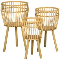 Outsunny Lot de 3 supports cache-pots à plantes lot de 3 étagères à fleurs support pots de fleurs sur pied trépied bois naturel(m-10)