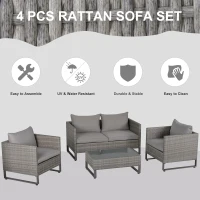 Outsunny 4 Pieces PE Rattan Garden Furniture with Cushion, Outdoor Wicker Conservatory Sofa Set w/ Armchairs, Loveseat, Glass Top Coffee Table, Grey(m-4)