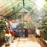 Outsunny 8 x 12ft Aluminium Greenhouse Polycarbonate Walk-in Garden Greenhouse Kit with Adjustable Roof Vent, Double Sliding Door, Rain Gutter and Foundation, Clear(m-8)