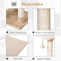 PawHut Árbol Rascador para Gatos con Cueva Juguete Colgante Rampa y Postes Rascadores de Sisal 40x40x98 cm Gris y Beige(m-5)