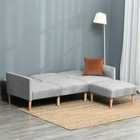 HOMCOM L Shape Sofa Bed Set, Linen Fabric Corner Sofa Bed with Rubber Wood Legs and Footstool, Light Grey(m-8)