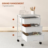 HOMCOM Desserte à roulettes, chariot de rangement à roulettes en acier chariot de service à 3 niveaux, plateau et 3 panier(m-4)