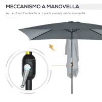 Outsunny Ombrellone Rettangolare 2x3 m Pieghevole e Regolabile con Manovella, in Alluminio e Poliestere, Grigio Scuro(m-5)