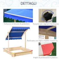 Outsunny Sabbiera per Bambini in Legno con Panca e Tettuccio Parasole Regolabile, 120x120x120cm, Colore Legno e Blu(m-7)