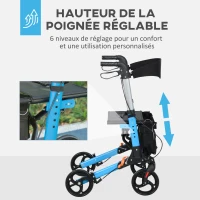 HOMCOM Déambulateur pliant avec siège et dossier 4 roues pliable réglable avec sac de rangement freins à main bleu et noir(m-4)