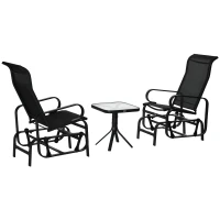 Outsunny 3 Pieces Garden Gliding Chair Set, Metal Frame 2 Single Armchair Swing Seater and 1 Glass Top Coffee Table w/ Breath Mesh Fabric Seat, Black(m-11)