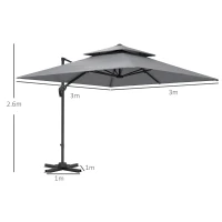 Outsunny 3 x 3(m) Cantilever Parasol with Aluminium Frame, Crank and Tilt, 360-Degree Rotation, Double Top Garden Umbrella with Cover (Only Cross Base), Light Grey(m-3)