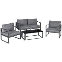 Outsunny 4 Pieces Garden Sofa Set 2 Single Armchair 1 Bench & Side Table Set Aluminium Frame Patio Furniture with Cushions Grey(m-1)