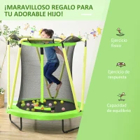 ZONEKIZ Cama Elástica Infantil Ø140 cm con Red de Seguridad Canasta de Baloncesto y 20 Bolas de Plástico Verde(m-7)