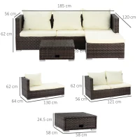Outsunny 3 Pieces Rattan Garden Furniture Sofa Set, 4 Seater Garden Corner Sofa with 5-Level Reclining Sun Lounger and Storage Coffee Table, Outdoor Furniture Conservatory Set with Cushions, Brown(m-3)
