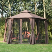 Outsunny 3 x 3(m) Hexagon Gazebo Patio Canopy Party Tent Outdoor Garden Shelter w/ 2 Tier Roof & Side Panel - Brown(m-2)