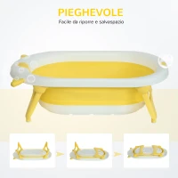 HOMCOM Vaschetta Bagnetto Pieghevole per Bambini 0-3 Anni con Indicatore di Temperatura e Cuscino, 81.5x50.5x23.5 cm, Giallo(m-7)