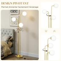 HOMCOM Lampadaire sur pied salon, lampe salon contemporain avec 3 spots pivotants, abat-jour en verre et interrupteur à pied(m-4)