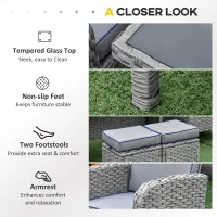 Outsunny 6 Pieces Rattan Garden Furniture Set, 6 Seater Garden Sofa Set with Glass Top Dining Table, Loveseat, 2 Armchairs and Ottomans, Wicker Outdoor Conservatory Furniture for Patio, Grey(m-6)