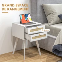 HOMCOM Lot de 2 tables de chevet tables d'appoint 2 tiroirs façades rotin tissé style bohème 40 x 40 x 60 cm blanc(m-4)