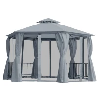Outsunny 3 x 3(m) Hexagon Gazebo Patio Canopy Party Tent Outdoor Garden Shelter w/ 2 Tier Roof & Side Panel - Grey(m-12)