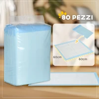 PawHut Set 80 Tappetini Igienici per Cani a 6 Strati in Tessuto non Tessuto, Carta e PE, 60x60 cm, Blu e Bianco(m-5)