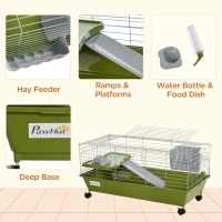 PawHut Small Animal Cage Rabbit Guinea Pigs Chinchillas Cage w/ Wheels Water Bottle Food Dish Platform Ramp 89 x 44 x 43 cm Green(m-6)
