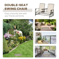 Outsunny 2 Seats Garden Glider Bench, Metal Frame Loveseat with Glass Top  Centre Table, Porch Rocking Glider for 2 Person, for Deck, Patio, Brown/ Khaki(m-6)