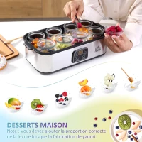 HOMCOM Yaourtière avec 8 pots en verre de 180ml, machine à yaourt électrique en acier inoxydable avec minuterie, thermostat réglable et affichage numérique pour des desserts maison sains(m-7)