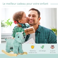 HOMCOM Jouet à Bascule Dinosaure Effet sonore Rugissement Bois peuplier Peluche Courte Polyester Vert d'eau(m-4)