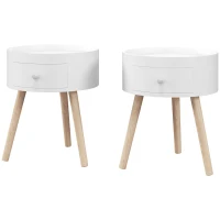 HOMCOM Modern Side Table, Small Coffee Table, Round Bedside Table with Drawer and Wood Legs for Living Room, Bedroom, Set of 2, White(m-11)
