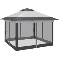 Outsunny Gazebo Pieghevole 3.6x3.6m con Prese d'Aria e Zanzariere, in Acciaio e Tessuto Oxford, Grigio(m-10)