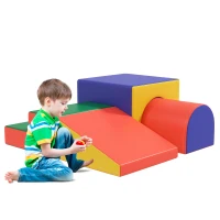 HOMCOM 4er Softbaustein-Set zum Klettern und Rutschen, Kunstlederbezug, für Kinder im Alter von 1-3 Jahren, Mehrfarbig(m-10)