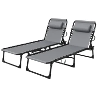 Outsunny Portable Sun Lounger Set of 2, Folding Camping Bed Cot, Reclining Lounge Chair 5-position Adjustable Backrest with Side Pocket, Pillow for Patio Garden Beach Pool, Grey(m-11)
