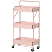HOMCOM Carrito Auxiliar con Ruedas Carrito Plegable de 3 Niveles con 4 Ganchos y 3 Cestas Extraíbles 43x31x89 cm Rosa(m-10)